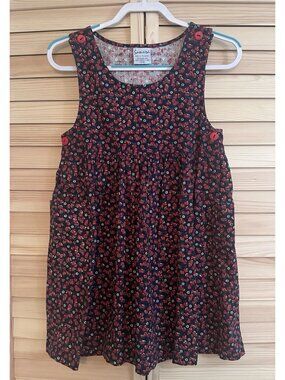 Vintage 90s Jumper Apron Dress Cotton Apple Print Pockets Buttons Blue Red Small